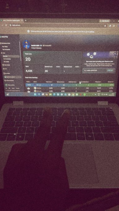 A silhouetted hand points at a laptop screen showing analytics for the BNB/USDT trading pair with a 2D return, reflecting the poster's struggle with the creative and informational challenges of web3 trading.