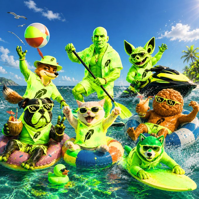 A vibrant, surreal beach scene features a muscular man in neon green paddleboarding alongside sunglasses-wearing pets (a chihuahua, pug, kitten, dog, and teddy bear) in matching tropical attire, with a jet ski and beach ball in the background — tying into the "Robinhood memecoin" theme by blending the Robinhood brand aesthetic with playful crypto/DeFi summer energy.