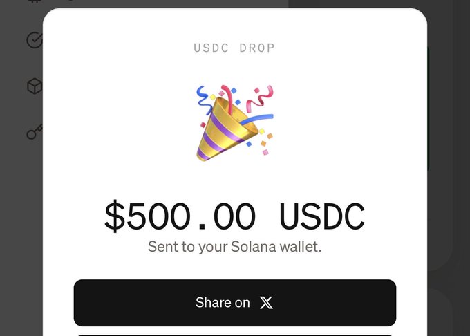 A celebration graphic from Moonpay announces a "$500.00 USDC" drop sent to a Solana wallet, featuring a party popper emoji and a "Share on X" button. This visualizes the post's claim of receiving free crypto funds through a promotional airdrop linked to using AI tools like Claude and GPT.