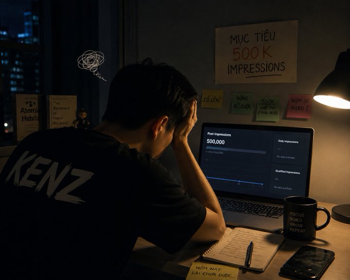 A young man sits at a desk at night, looking at a laptop displaying '500,000' post impressions, with a sticky note reading 'MỤC TIÊU 500K IMPRESSIONS' on the wall.