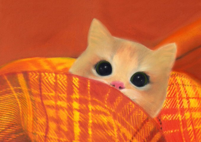 A digital painting of a cute white cat with large eyes peeking out from beneath a bright orange plaid blanket.