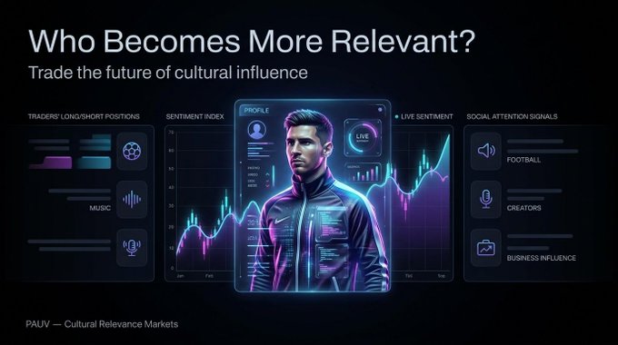 A futuristic interface titled 'Who Becomes More Relevant? - Trade the future of cultural influence' showing sentiment index charts, social attention signals for Football, Creators, and Business Influence, labeled as PAUV Cultural Relevance Markets.