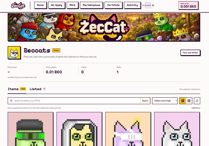 A screenshot of the ZecCat NFT marketplace webpage showing the 'Zeocats' pixel-cat collection, with total volume at 0.017820 ZEC and a grid of pixelated cat NFT images.