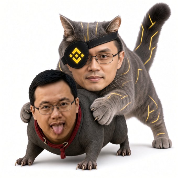 A humorous AI-generated image of two men with glasses and an eyepatch with a Binance logo, depicted as a two-headed cat-like creature with glowing yellow lines.