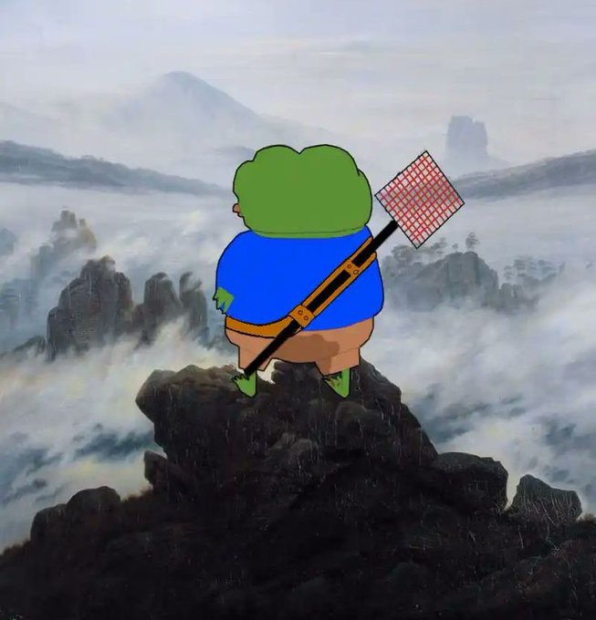A cartoon frog character stands heroically on a misty mountain peak, holding a fly swatter, with a sweeping landscape of fog-covered mountains and distant temples behind them — symbolizing the "what are we cooking today?" mindset of seizing new opportunities this week.