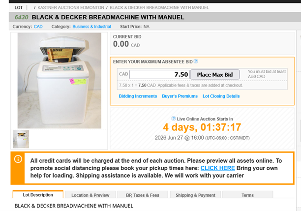 The image shows a Kaster Auctions listing for a "BLACK & DECKER BREADMACHINE WITH MANUEL" (lot 6430) with a current bid of 0.00 CAD and a minimum bid of 7.50 CAD, closing in 4 days. 

The caption contrasts with the post's message about abandoning traditional payment methods (Visa/Mastercard) in favor of crypto, since this mundane online auction for a used bread maker still relies on standard credit card processing.