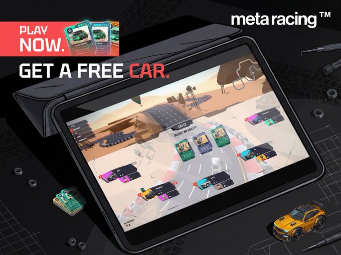 A promotional advertisement for 'Meta Racing' showing a tablet displaying a racing game with the text 'PLAY NOW' and 'GET A FREE CAR.'
