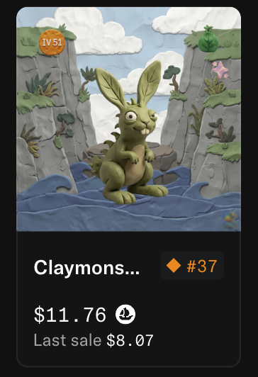 A digital trading card displays a green claymation-style rabbit monster standing in water, labeled "Claymons..." with #37, priced at $11.76 (last sale $8.07) at Level 51. The "ARE YOU NOT ENTERTAINED?" caption pairs with the scene as a tongue-in-cheek reference to the rabbit's wide-eyed, slightly absurd expression—evoking a demand for amusement, as if the goofy creature itself is calling out to its audience.