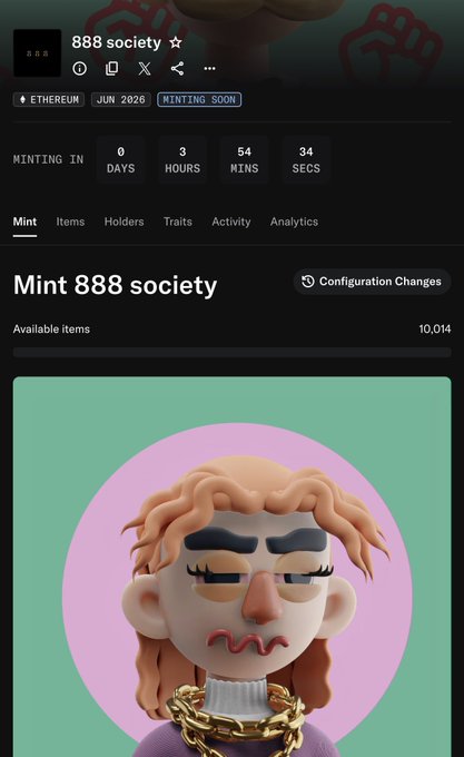 A screenshot of the "888 society" NFT minting page on Ethereum, showing a countdown of 0 days, 3 hours, 54 minutes, and 34 seconds until minting begins in June 2026, featuring a 3D stylized character with messy blonde hair and a gold chain. The image illustrates the post's concern about staying awake late for the upcoming mint, which is set for 3am.