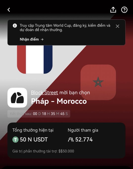 A Vietnamese-language World Cup prediction app screen showing a match between 'Pháp – Morocco' (France vs. Morocco), with a current total prize pool of 50 N USDT from 52,774 participants and a grand prize of approximately $50,000, ending in 00D 18H 35M 45S.