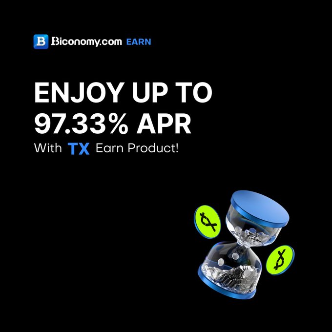 An advertisement for Biconomy.com's 'TX Earn Product' boasting up to '97.33% APR,' featuring a 3D hourglass with coins and green X-shaped tokens.