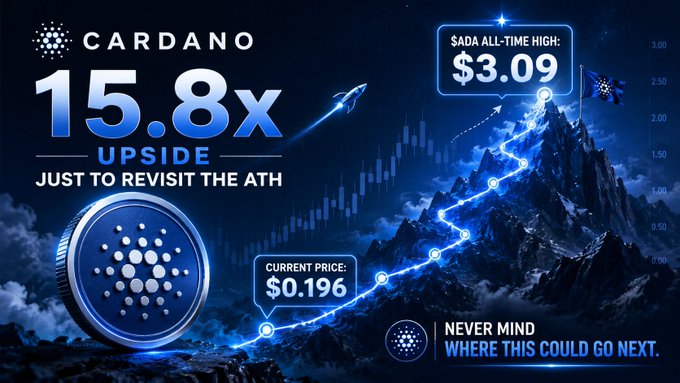 A futuristic promotional graphic for Cardano ($ADA) showing a glowing 3D coin ascending a digital mountain path, highlighting the token's current price of $0.196 and its all-time high of $3.09, with bold text declaring a "15.8x UPSIDE JUST TO REVISIT THE ATH" and the tagline "NEVER MIND WHERE THIS COULD GO NEXT."