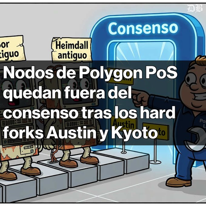 A cartoon illustration showing labeled nodes (Heimdall antiguo, Austin, Kyoto) with Spanish text reading 'Nodos de Polygon PoS quedan fuera del consenso tras los hard forks Austin y Kyoto'.