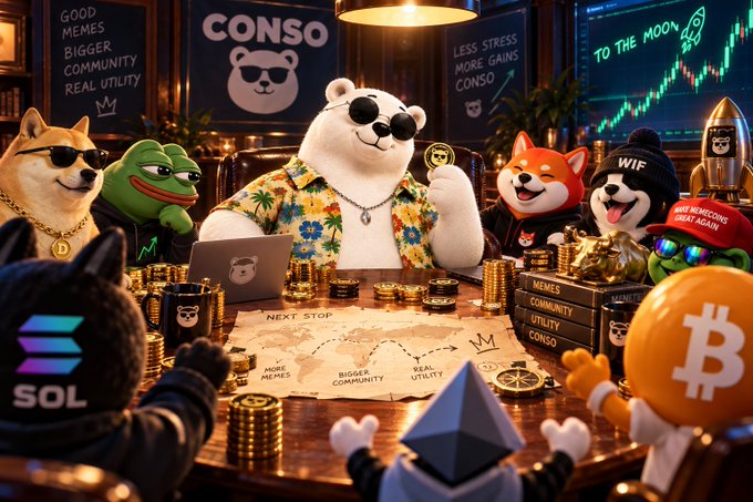 A richly detailed crypto-themed boardroom scene shows animal mascots, including a panda, frog, dog, raccoon, doge, and Solana figure, gathered around coins and tokens with wall text including “GOOD MEMES BIGGER COMMUNITY REAL UTILITY,” “CONSO,” and “LESS STRESS MORE GAINS CONSO.”