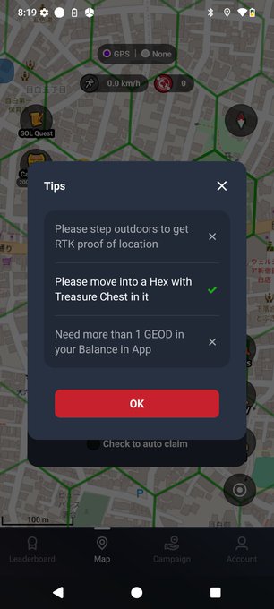 A mobile app map interface (likely a geocaching or GPS treasure hunt app) showing a 'Tips' popup with checklist items: get RTK proof of location outdoors (unchecked), move into a Hex with Treasure Chest (checked), and have more than 1 GEOD in balance (unchecked).