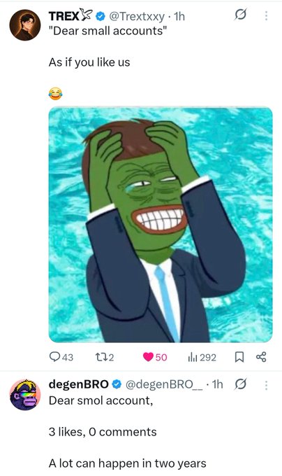 The image features a cartoon character wearing a suit, with its head tilted back as if scratching an itch or making a funny face. Below this image, there's a Twitter account that reads "@DegenBRO Dear small accounts", which is likely a response to the cartoon character's post. The account also mentions that the character has 3 likes and 0 comments on their post.