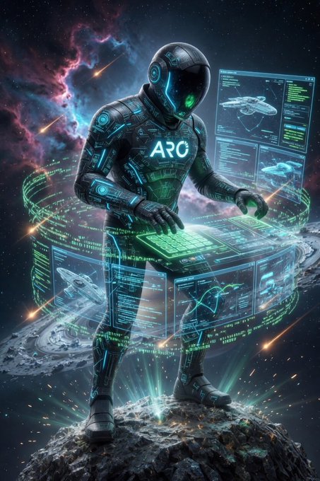 The image features a man dressed as an astronaut, standing on a rock with his arms raised high above his head. The man appears to be wearing a helmet that has the word "Aronaut" written on it. In front of him is a computer screen displaying various data and information about space exploration. The background of the image is filled with stars and planets, creating an atmosphere reminiscent of outer space. The caption at the bottom of the image reads: "Heads up, Aronauts! Here’s your chance to shape the future of @AroNetwork We appreciate every piece of feedback because your voice helps improve the ecosystem and strengthen decentralized connectivity".