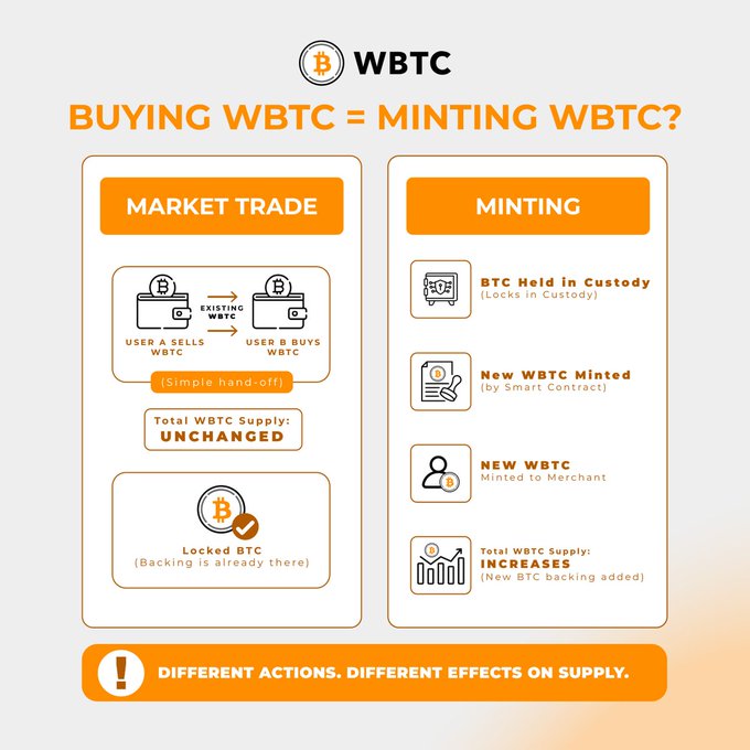 An infographic explaining the difference between a Market Trade and Minting WBTC, highlighting that market trades do not change total supply while minting increases it.