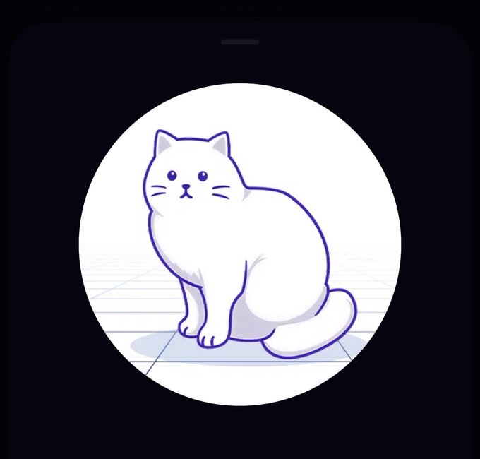 A simple cartoon illustration of a white cat sitting on a tiled floor, centered in a circular frame on a dark background.