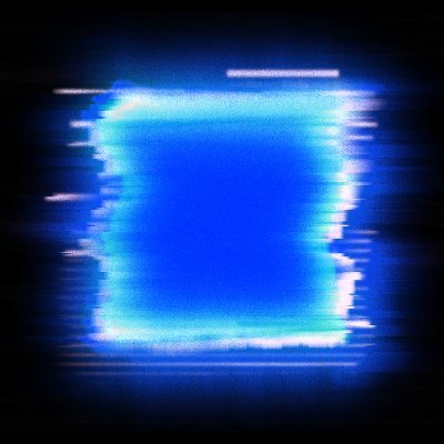 Abstract digital glitch art featuring a bright blue glowing rectangular shape with horizontal distortion lines against a black background.