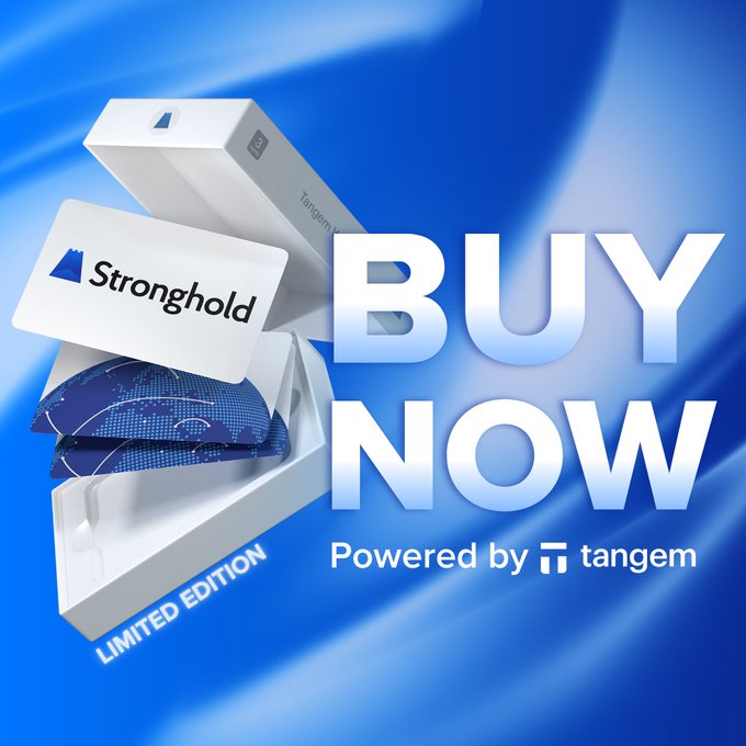 A promotional graphic on a wavy blue background showcases a Tangem hardware wallet branded with the "Stronghold" logo, featuring a "LIMITED EDITION" label. Large white text reads "BUY NOW — Powered by Tangem," supporting the call to action in the post urging viewers to purchase one of the limited 350 co-branded cold wallets using the provided link.