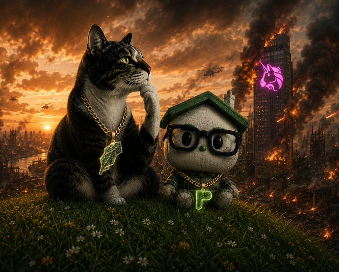 A regal cat wearing a gold "P" necklace and a plush mascot with a green "P" pendant sit on a grassy hill, overlooking a burning cityscape featuring a skyscraper emblazoned with a pink unicorn logo, symbolizing how the pursuit of new ventures (represented by the unicorn) can leave one's legacy (the cat) in ashes. The image illustrates the post's message about chasing greener pastures, as the plush figure appears unaware that the glittering opportunity in the distance comes at the cost of destruction behind him.
