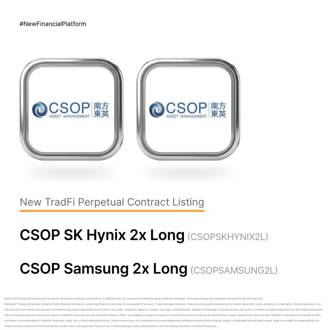 A promotional graphic for Bybit's TradFi Perpetual Contract Listing featuring CSOP Asset Management, announcing the launch of CSOP SK Hynix 2x Long (CSOPSKHYNIX2L) and CSOP Samsung 2x Long (CSOPSAMSUNG2L).