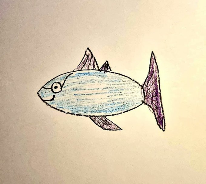 The image features a drawing of a fish with big eyes, giving it a quirky and amusing appearance. The fish has a purple tail and a blue body, making it look like it's wearing glasses or having a funny expression. The drawing appears to be done in pencil on paper, adding a touch of realism to the scene. 

The post about this drawing includes text that reads "Nerdy Fish sold for 15 $ATOM Congrats to the seller and the buyer". This suggests that someone has purchased the fish drawing from the artist and is now sharing their purchase with others by posting about it on social media or a similar platform.