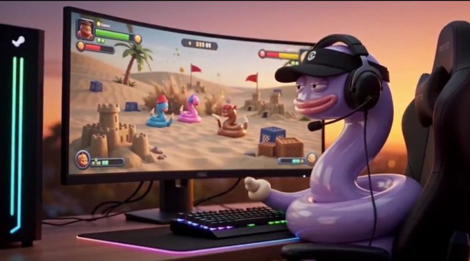 A 3D-rendered cartoon purple worm wearing a gaming headset and cap sits at a glowing RGB gaming setup, playing a colorful tower defense or strategy game on a curved monitor.