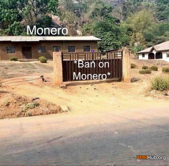A meme image showing a building and gate with text 'Monero' above the building and '*Bah on Monero*' on the gate, with 'XMRHub.org' in the bottom right corner.