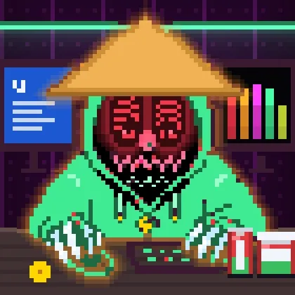 A pixel art character with a dark red mask and traditional conical hat sits cross-legged in a green robe, with two serpentine creatures beside them amid cyberpunk UI elements like charts and windows. The image represents "Tradooor #2830," an NFT featuring a cryptomancer-style wizard, which sold for 0.0549 ETH on OpenSea.