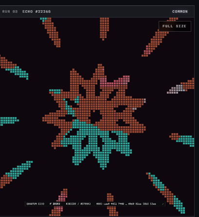 A pixel art / glitch art image with a black background displaying teal and reddish-brown checkered shapes, with small text including "RUN #3 ECHO #27265" and "FULL SIZE."