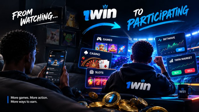A promotional banner for 1WIN showing 'FROM WATCHING... 1WIN TO PARTICIPATING' with icons for Games, Casino, Slots, BetWave, and 1WIN Market.