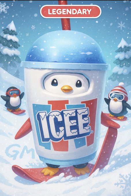 A digital trading card illustration features the ICEE mascot penguin wearing a blue winter hat and skiing, labeled 'LEGENDARY' at the top with 'GM' written in the snow.