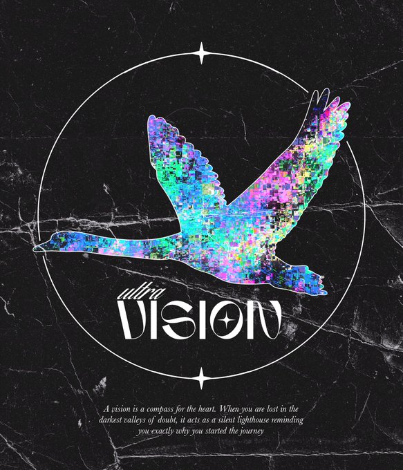 An artistic poster featuring a colorful pixelated bird in flight within a circular frame, with the text 'ultra VISION' and an inspirational quote about vision being a compass for the heart.