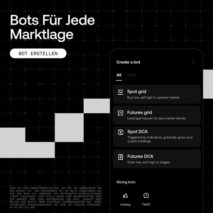 A dark-themed interface showing 'Bots Für Jede Marktlage' with options to create trading bots including Spot grid, Futures grid, Spot DCA, and Futures DCA.