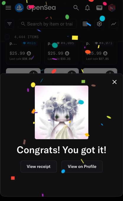 A screenshot of the OpenSea NFT marketplace displays a "Congrats! You got it!" purchase confirmation popup featuring a digital artwork of a winged figure with flowing hair, priced at $25.99, with "View receipt" and "View on Profile" buttons—celebrating the user's successful acquisition of a piece from artist @pyopyopyo410 as described in the post.