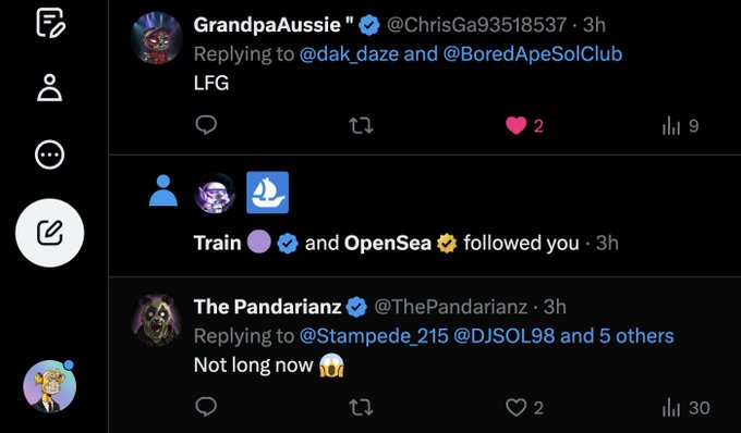 The image shows a Twitter/X notifications feed featuring replies from users GrandpaAussie (@ChrisGa93518537) and The Pandarianz (@ThePandarianz), along with a notification that "Train and OpenSea followed you." The OpenSea follow notification directly supports the post's question about whether Solana NFTs are making a return, given OpenSea's renewed engagement with the community.