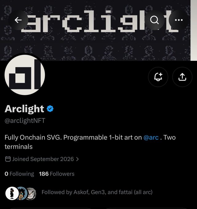 A Twitter/X profile page for 'Arclight' (@arclightNFT) with a verified checkmark, describing 'Fully Onchain SVG. Programmable 1-bit art on @arc. Two terminals', with 186 followers.
