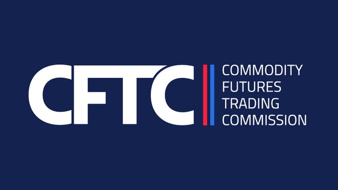 The official logo of the CFTC (Commodity Futures Trading Commission) displayed in white and red text on a dark navy blue background.
