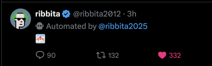 A Twitter/X post from verified user @ribbita2012 showing a small image attachment, automated by @ribbita2025, with 90 replies, 132 retweets, and 332 likes.