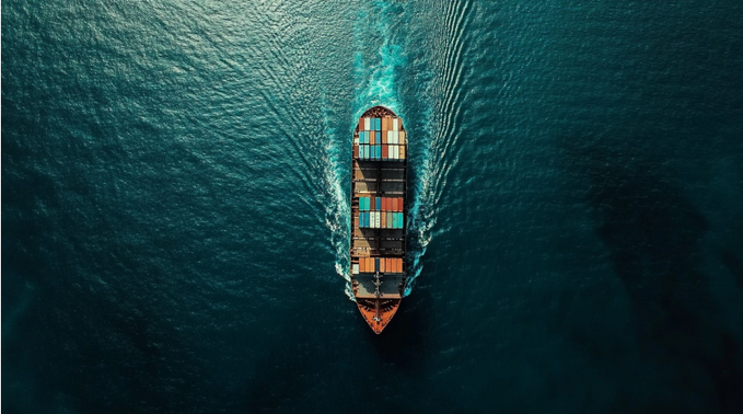 An aerial view of a cargo ship loaded with containers sailing through deep blue ocean waters.