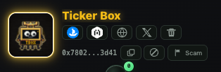 A dark interface displays a "Ticker Box" featuring a pixel-art treasure chest icon on the left, alongside a contract address "0x7802…3d41" and a "Scam" warning label, reinforcing the post's humorous "join the trenches" meme about risky crypto ventures.