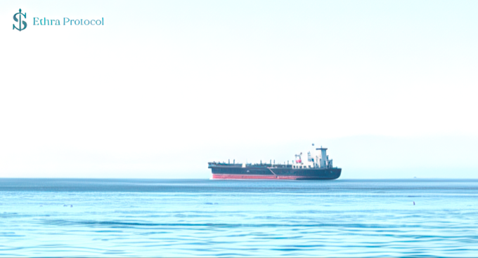 An Ethra Protocol branded image showing a large cargo ship sailing across a calm, blue ocean under a hazy sky.