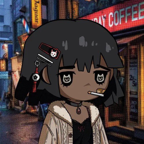 A cartoon-style avatar of a girl with dark skin, black bobbed hair with cat-themed hair clips, wearing a cardigan and smoking a cigarette, stands against a blurred city street background with a 'COFFEE' sign visible.