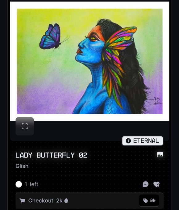 An NFT listing displays a colorful painting titled "LADY BUTTERFLY 02" by artist Glish, priced at 2k with 1 left and 6 hearts.