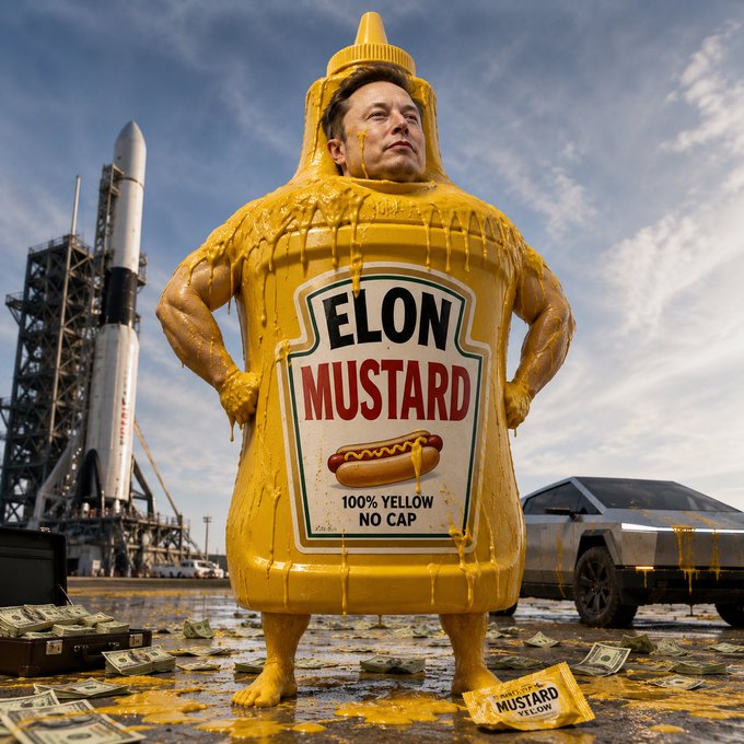 A satirical image of Elon Musk's face on a giant yellow mustard bottle labeled 'ELON MUSTARD — 100% YELLOW NO CAP,' standing in front of a SpaceX rocket and Cybertruck with money scattered on the ground.