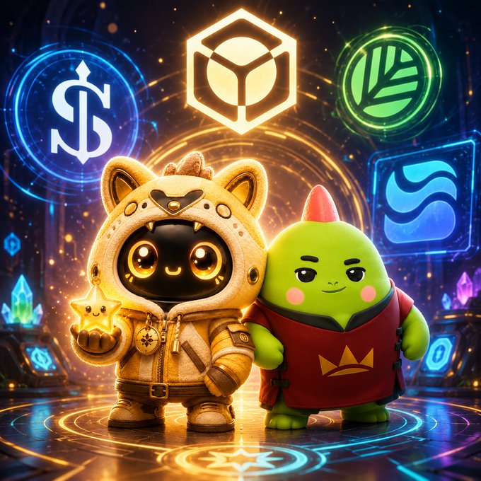 A vibrant digital illustration featuring two cartoon characters—a black cat-like figure in an astronaut suit and a green creature in a red shirt—standing before floating cryptocurrency logos.