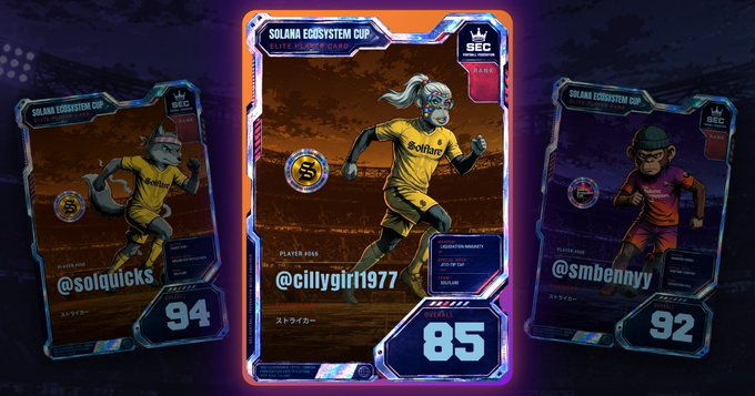 The image features a collection of three cards from the soccer game "Solana Soccer Cup". The cards are displayed against a dark purple background with neon lights that give them an electronic appearance. Each card showcases a different player, including a monkey character on one card and a human player on another. The third card is empty. The post includes information about the cards, such as their respective players' names and the number of points they have earned in the game.