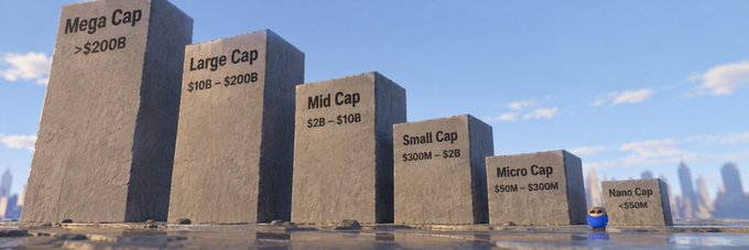 An illustration of progressively smaller stone pillars representing market capitalization tiers, labeled from left to right: 'Mega Cap >$200B', 'Large Cap $10B - $200B', 'Mid Cap $2B - $10B', 'Small Cap $300M - $2B', 'Micro Cap $50M - $300M', and 'Nano Cap <$50M'.